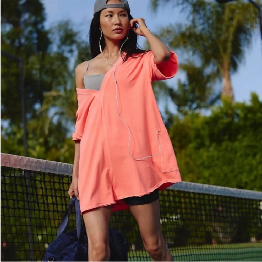 Free People Neon Coral Hot Shot Tee Romper NWT